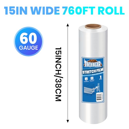 TAPEBEAR Stretch Wrap Film 15" x 760Ft Shrink Wrap Roll Industrial Strength - size: 15" x 760Ft