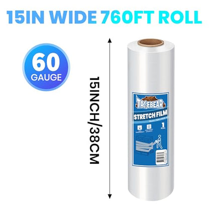 TAPEBEAR Stretch Wrap Film 15" x 760Ft Shrink Wrap Roll Industrial Strength - size: 15" x 760Ft