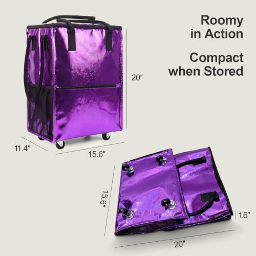 Reusable Grocery Bags on 4 Wheels, 18 Gallon Rolling Shopping Tote Bag - color: Purple