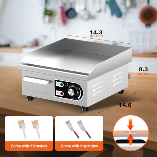 14’’ Commercial Electric Griddle - Electric Cast Iron Griddle w/Stainless Steel Material and Non-Stick, 110V Commercial Griddle w/ 1/2" Thick Iron Cooking Plate for Indoor and Restaurant - size: 14 INCH
