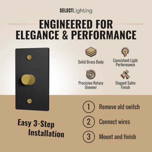SELECT 1 Gang Solid Brass Rotary Dimmer Switch, 3-Way & 1-Way Compatible - color: Black with Brass, size: 1 Gang, style: 1/3-Way Dimmer