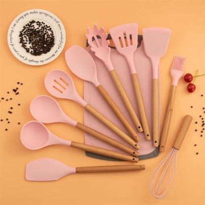 Kitchen Cooking Utensils and Knife Set with Holder Block, 19 Pieces Cooks Cutting Set 11 Pcs Silicone Cooking Utensils Sharp Stainless Steel Knives Scissors Whisk Tongs and Cutting Board (Pink) - color: Pink