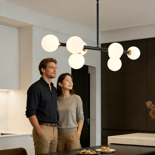 Sputnik Black and Gold Chandelier Pendant Linear Light Modern Mid Century Light Fixture White Globe Shade for Dining Living Room Kitchen Island 8-Light - color: BlackGold-31in