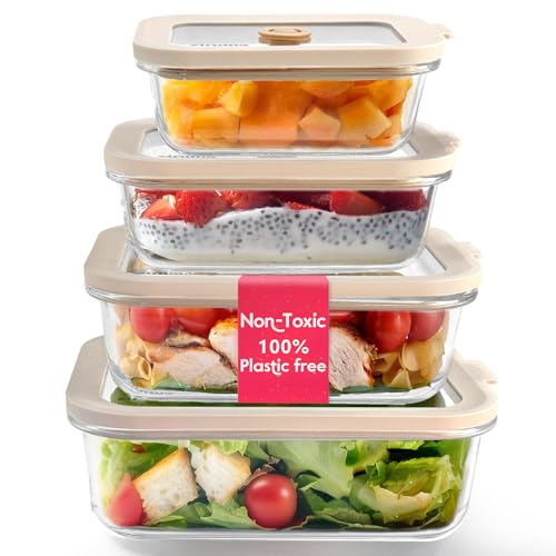 Non-Toxic Glass Food Containers with Lids, 4-Pack, Multi-Size, Beige - color: Beige, size: Multi Size