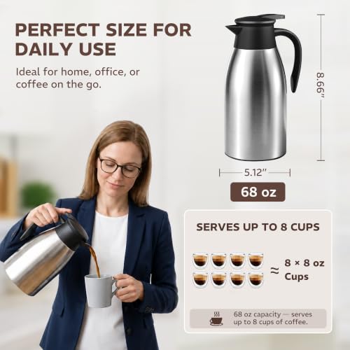 Thermal Coffee Carafe for Keeping Hot – 68OZ Insulated Camping Coffee Pot - color: Stainless Steel, size: 68 Ounces