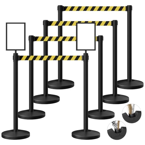 8-Pack Black Stainless Steel Crowd Control Stanchions, 9.8 ft Retractable Black and Yellow Stripe Safety Belts with 2 Sign Holders(Black and Yellow Stripe Belt) - color: Black stanchions w Black and Yellow Stripe Belt, size: 8 pcs