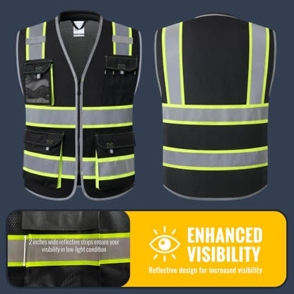 JKSafety Safety Vest for Men Women Hi Vis with Pockets and Cushioned Collar Construction Vest Meet ANSI Standard (BX360) - color: Black, size: Medium