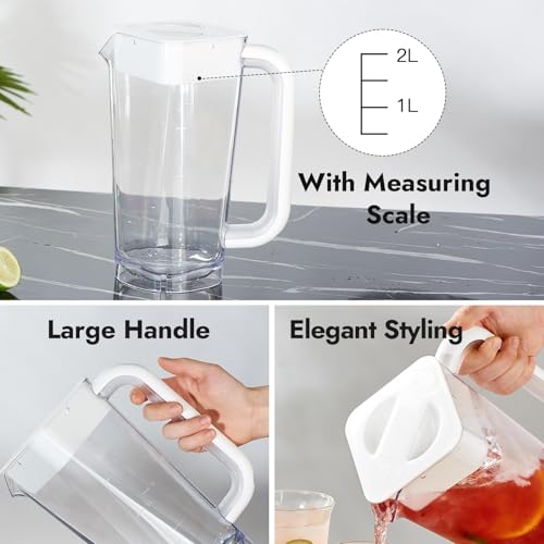 CURTA 1 Pack 2 Liters/68 oz Plastic Pitcher with Lid & Handle for Kitchen,ICED JUICE and Coffee Carafe Beverage Serveware, Acrylic Water Jug for Hot/Cold Drinks&lemonade - color: White