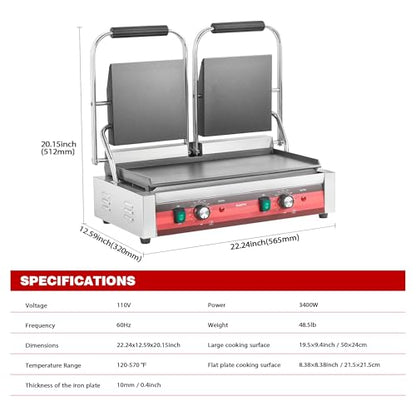 EGGKITPO Commercial Dual Panini Press with 2 Flat Plates Electric Panini Grill with Temperature Control and Handle 19.5" ×9.4" Large Cast Iron Sandwich Maker for Kitchen Business 110V 3400W - size: 19.5”×9.4" Smooth Plate
