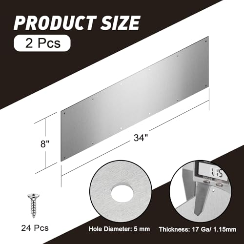 Docik 2 Pack Door Kick Plate, 8 x 34 Inch, 5052 Aluminum, 17 Ga Thickness, Satin Finish, Silver, Decorative Metal Door Plates for Bottom of Interior and Exterior Doors - color: Silver, size: 8 x 34 Inch