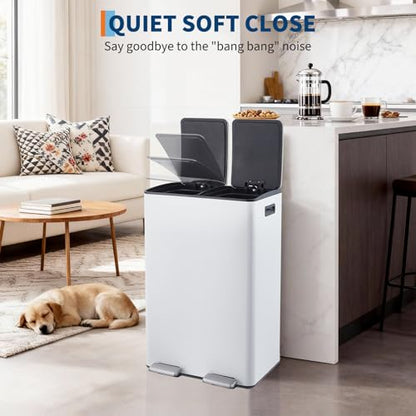 Garvee 16 Gal Dual Compartments Kitchen Trash Can, Stainless Steel, White - color: White, size: 30L+30L