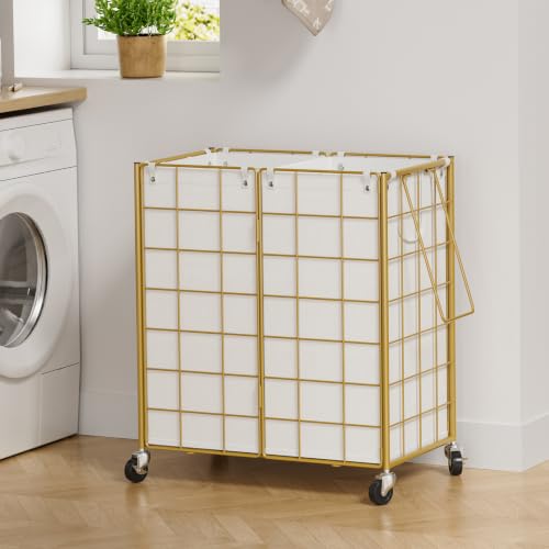 WOWLIVE Double Laundry Hamper with Wheels, Metal Rolling Laundry Basket - color: Golden, size: 120l