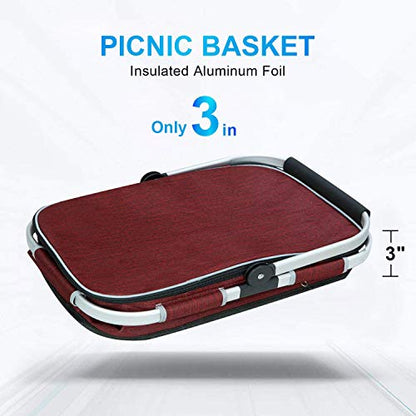 LIQING 35L Large Picnic Basket 2 Layers of Internal Pockets Leak-Proof and Insulated ，Folding with Internal Support for enhansed Stability, Wedding Gifts for Couple(Wine red) - color: Wine Red