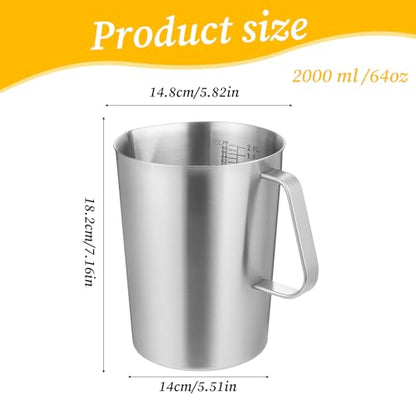 Stainless Steel Measuring Cup with Handle and Pour Lip, 2000ml 70OZ Metal Pitcher with Oz And ML Marking, Heavy-Duty Milk Frothing Jug for Coffee Latte Art, Commercial and Home Kitchen