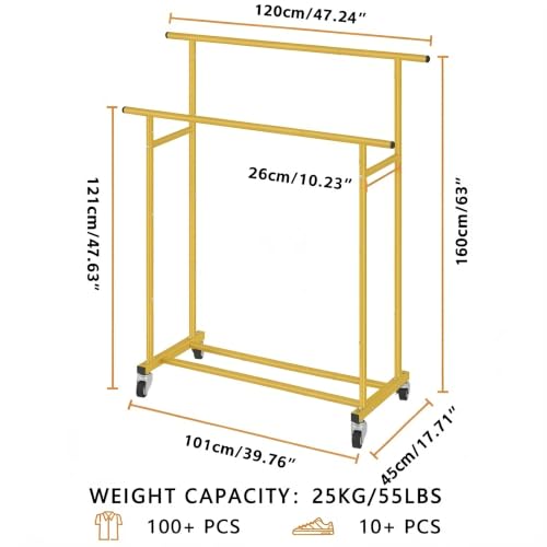 Calmootey Rolling Garment Rack, Sturdy Clothes Organizer for Bedroom - color: Gold, style: Double Rods