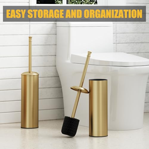 BESy Toilet Brush and Holder, Toilet Cleaner Bowl Set with Two Brush with Extra Long Handle, Durable Bristles Toilet Scrubber and Covered Holder, Drip-Proof Stainless Steel Brushed Gold - color: Brushed Gold