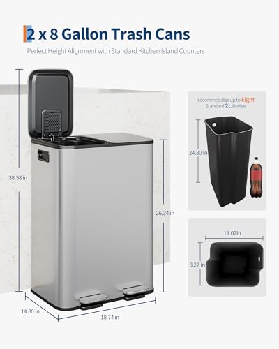 Large Stainless Steel Dual Compartment Recycling Trash Can 2 * 30 l/16 Gal Recycle Bins with Lid Waste Bin with Removable Buckets, Bathroom,Kitchen Garbage Can Rectangle Garbage Bin - color: silver, size: 2*30L