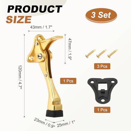 uxcell 3 Set Kickdown Door Stopper, 4.7" Aluminum Alloy Kick Down Door Stoppers for Bottom of Doors One Touch Adjustable Doors Holder with Non-Slip Rubber Tip and Screws for Home, Gold - color: Gold