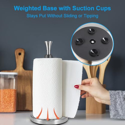 Picowe Stainless Steel Paper Towel Holder, Designed for Easy One-Handed Operation, Sturdy Weighted with Suction Cups Paper Towel Dispenser Countertop, FIt for Standard Paper Towel Rolls