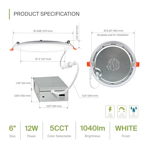 ASD 6 Pack LED Recessed Lighting 6 Inch 12W, 5 CCT 2700K-5000K CRI90+, IC Rated Ultra Thin Dimmable Ceiling Lights with J Box, Canless Wafer Downlight, Round Slim Panel Light, Energy Star ETL, White - color: White, size: 6 Inch 6 Pack