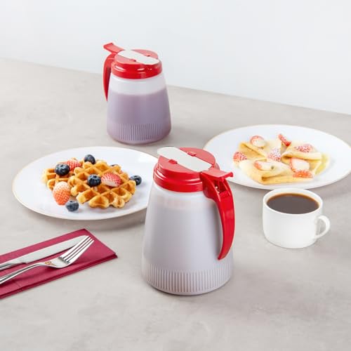 Restaurantware-Chef 101 48 Ounce All Purpose Syrup Dispensers, 10 Honey Dispensers - Red Top, Stainless Steel Slide Cover, Plastic Pancake Syrup Bottle, Perfect For Diners, Restaurants, Home - color: Red, size: 48 Ounces, style: 10 Count