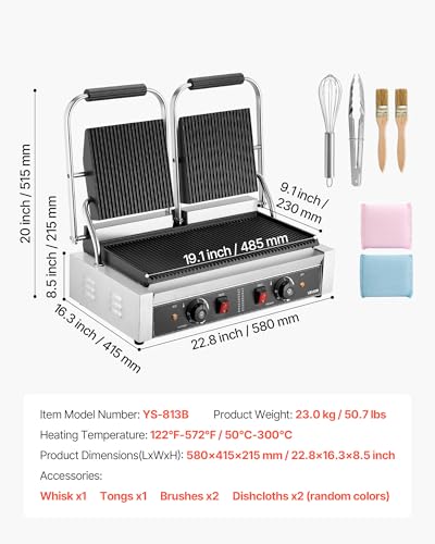 VEVOR Commercial Panini Grill, 3600W Electric Sandwich Panini Maker, Stainless Steel Double Sandwichs Press with Handle and Temp Control, 19x9 in Full Grooved Enamel Plate, for Hamburger Steak Bacon