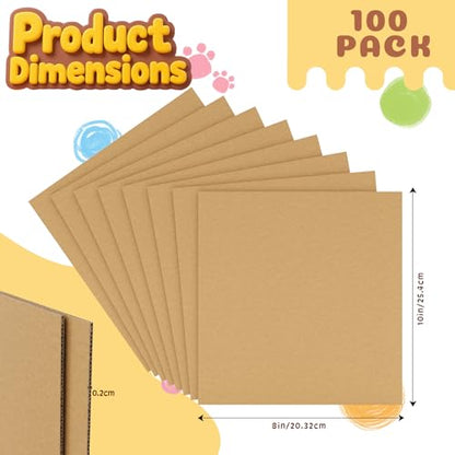 100 Pack 8x10 Inch Flat Corrugated Cardboard Sheets - 0.07 Inch Thick Square Thin Cardboard Padding Inserts for Crafts, Mailers, Box Dividers, Drawing & DIY Projects - size: 8" x 10"