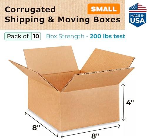 Small Moving & Shipping Boxes 8x8x4 inches (10-Pack) - Extra Strength 200 lb vs Regular - Corrugated Packing Boxes for Moving - Durable Cardboard Box - Box for Packaging by IDL Packaging - size: 8 * 8 * 4" (Small Boxes)
