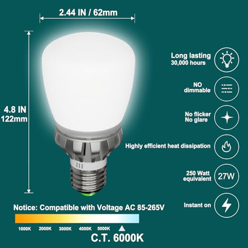A19 LED Light Bulbs, 3670 Lumens E26 LED Bulb, 250W Equivalent, 6000K Cool Daylight White Non-Dimmable, 22-Year Lifetime, 27W Energy Saving for Home Office Garage - color: Cool Daylight White 6000k