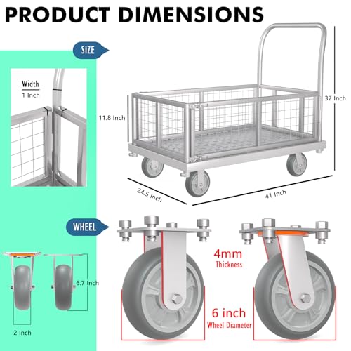 4-in-1 Platform Truck Cart with Cage 2600lbs Capacity (41“L x 24" W) - style: 41"x24" with Low Fence