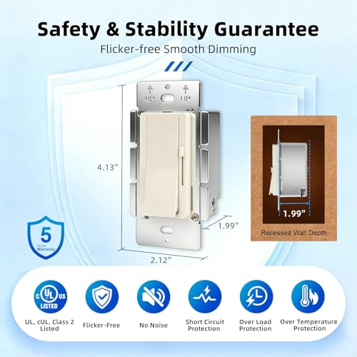 Dimmer Light Switch & 24V 96W Dimmable LED Driver 2 in 1, UL Listed Single-Pole or 3-Way Slide Dimmer Switches for Led Strip Lights,120VAC to 24VDC Power Supply, 1 Pack (Light almond, 24V 96W) - color: Light Almond, size: 24V 96W