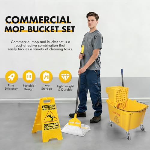 KULED Commercial Mop Bucket with 2 Mop Heads and Caution Sign, 38 Quart