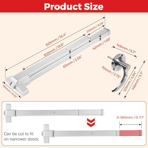 Push Bar Panic Exit Device with Handle, 31 Inch Aluminum Emergency Exit Door Hardware with 6 Keys, Commercial Emergency Door Lock Fits 31"-47" Wood & Metal Doors, Left/Right Compatible - size: 31inch