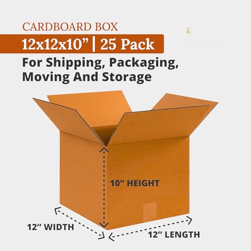 Shipping Boxes 12"L x 12"W x 10"H, 25-Pack | Kraft Corrugated Cardboard Boxes for Packing, Moving and Storage, Multi-Purpose - size: 12x12x10 inches