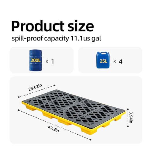 Drum Spill Containment Pallet | 2000Lbs Heavy-Duty Leakproof Tray with Forklift Pockets | 48"x24"x4" for Garage Basement Industrial Storage