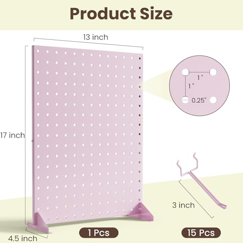 Pegboard Display Stand With 15 Peg Hooks for Retail Craft Shows & Fairs, Pink Metal Merchandise Display Rack for Selling Accessories, Display Stands for Boutique, Stores, Vendors & Events - 17x13Inch - color: Pink