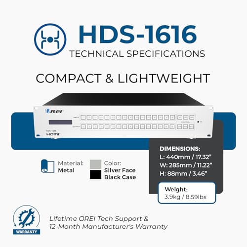 OREI 16x16 HDMI Matrix Switch – 4K@30Hz, EDID, RS-232, WebGUI, IR, HDCP 2.2 - size: 16X16 Matrix Switch