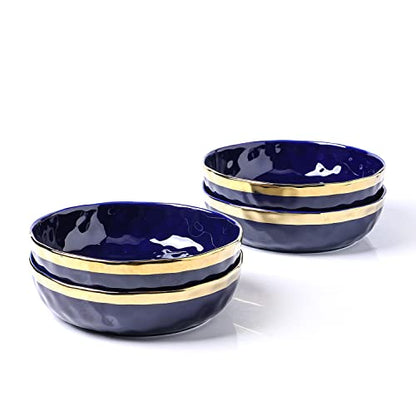 Stone Lain Florian 4-Piece Round Pasta Bowl Set, Blue with Gold Rim - color: Blue with Gold Rim, size: 4-Piece Pasta Bowl