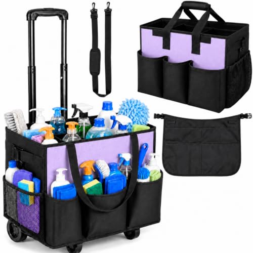 Cleaning Caddy with Wheels and Cleaning Apron, Built-in Hard Support Board - color: Purple