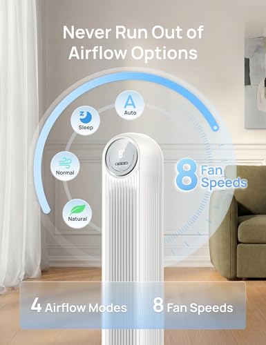 DREO Smart Tower Fan for Bedroom, 28ft/s Velocity, 8 Speeds Ultra Quiet Fan - color: Pearl White, size: 36 inch