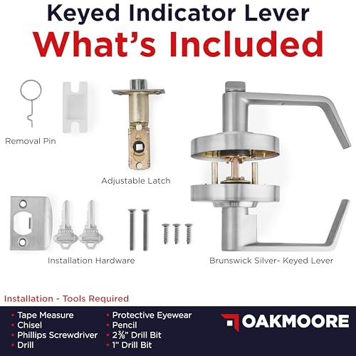 OAKMOORE Keyed Entry Commercial Door Handle | Heavy Duty Commercial Door Locks with Indicator | Restaurant, Store, Hospital, Warehouse | Locking Occupied Door Lever Lock with Key (Silver)