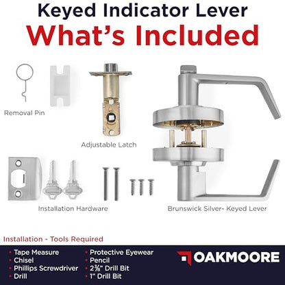 OAKMOORE Keyed Entry Commercial Door Handle | Heavy Duty Commercial Door Locks with Indicator | Restaurant, Store, Hospital, Warehouse | Locking Occupied Door Lever Lock with Key (Silver)