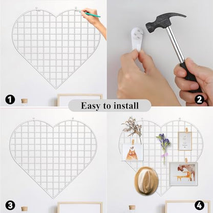 ECLENYES Grid Photo Wall Panels - 22.4"x20.4" Heart Shape Iron Rack Art Wire Board, Wall Grid Organizer, DIY Photo Frame for Home, Office, Kitchen, Bedroom, Christmas Gifts - White - color: White