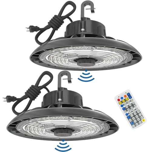 HYPERLITE 150W Smart High Bay LED Shop Lights 2pack, 140LM/W 5000K LED High Bay Lights with 1pack Remote Control & 2pack Motion Sensor, 120-277V High Bay LED Lighting for Garage Workshop Gym - size: 150W/2Pack