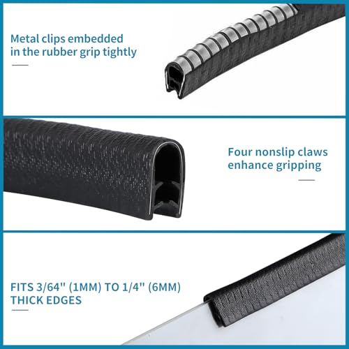 Rubber Edge Trim Guard 32.8ft/10m, Adhesive Free Door Edge Protector, U Shape Edge Seal Strip with Embedded Metal Clips Fits 3/64" to 1/4" Thick Edges (Black) - size: 393.6" L x 0.44" W