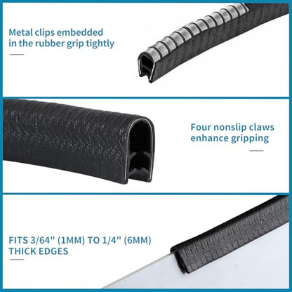 Rubber Edge Trim Guard 32.8ft/10m, Adhesive Free Door Edge Protector, U Shape Edge Seal Strip with Embedded Metal Clips Fits 3/64" to 1/4" Thick Edges (Black) - size: 393.6" L x 0.44" W