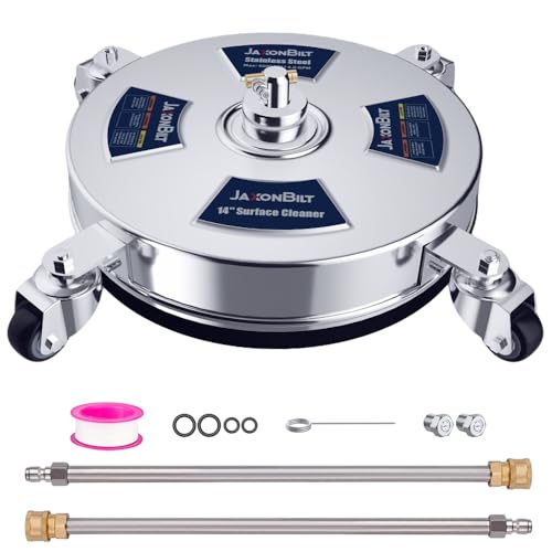 14 Inch Pressure Washer Surface Cleaner – Stainless Steel, 2000–4000 PSI Power Washer Attachment with Wheels, Extension Wands & Quick Connect – Driveway, Patio, Sidewalk, Deck Cleaning Tool