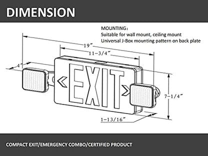 LED Red Emergency Light Combo Exit Sign with Battery Backup, Two LED Adjustable Lamp, AC/DC Input, 120V/277V Dual Optional Voltage, Fire Resistant, UL Certified GC4 for Home Hotels Offices