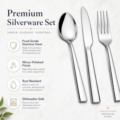 12-Piece Stainless Steel Silverware Set for 4, Mirror Polished Flatware Set Includes 4 Dinner Knives, 4 Dinner Forks & 4 Dinner Spoons, Dishwasher Safe Cutlery Set for Home Kitchen Restaurant - size: 7.9-9.1inches silverware set 12P