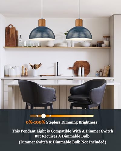 ELYONA Industrial Pendant Light 12" Hammered Metal Dome Hanging Lamp Solid Wood Pendant Light Fixtures for Kitchen Island, Farmhouse, Dining Room, Sink, Bedroom, Hallway, Modern Blue - color: Blue - 1 Pack